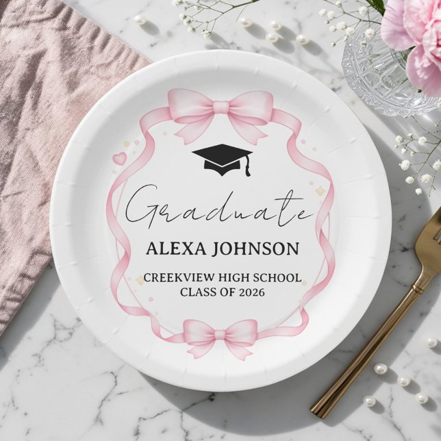 Pink Bow Class Of 2026 Graduation Cap Graduate Paper Plates (Creator Uploaded)