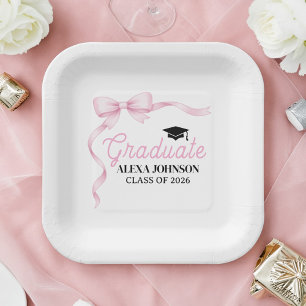 Pink Bow Class Of 2026 Graduation Party Paper Plates