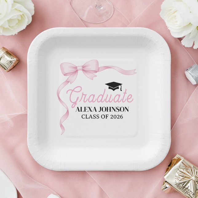 Pink Bow Class Of 2026 Graduation Party Paper Plates (Creator Uploaded)