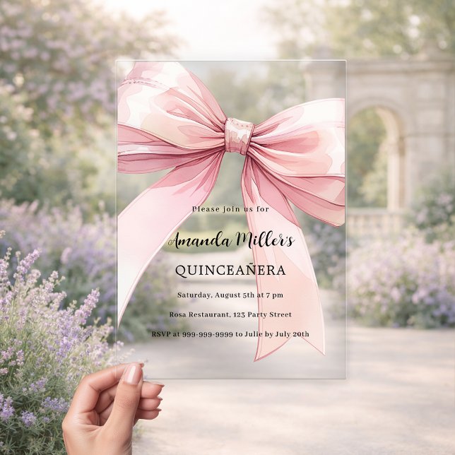 Pink bow clear Quinceanera Acrylic Invitations (Creator Uploaded)