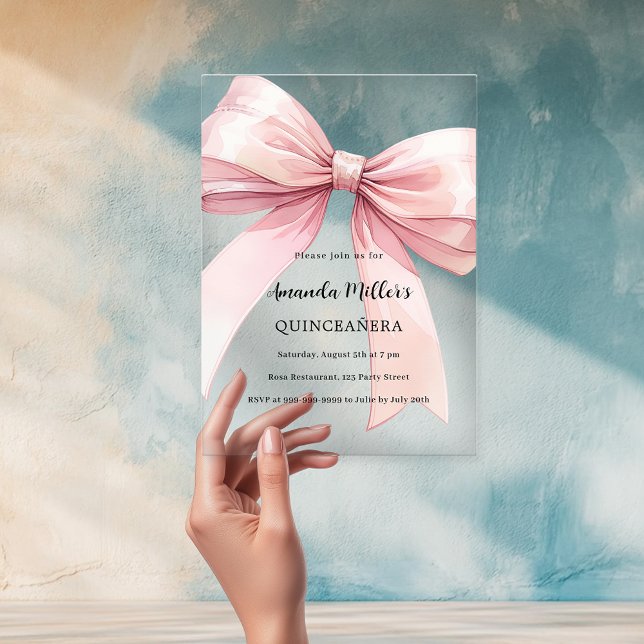 Pink bow clear Quinceanera Acrylic Invitations (Creator Uploaded)