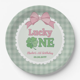 Pink Bow Clover Lucky One Girl 1st Birthday Paper Plates