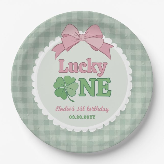 Pink Bow Clover Lucky One Girl 1st Birthday Paper Plates (Front)