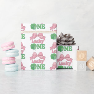 Pink Bow Clover Lucky One Girl 1st Birthday Wrapping Paper