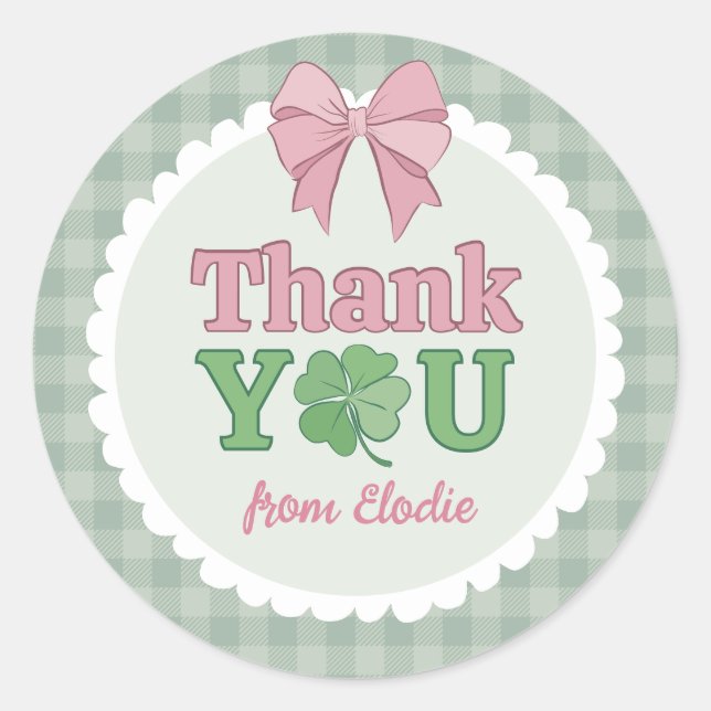 Pink Bow Clover Lucky One Thank You Classic Round Sticker (Front)