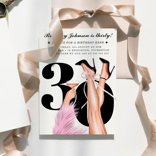 Pink Bow  Cocktails Coquette Modern 30th Birthday Invitation