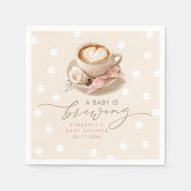 Pink Bow Coffee Baby Is Brewing Girl Baby Shower Napkins (Front)