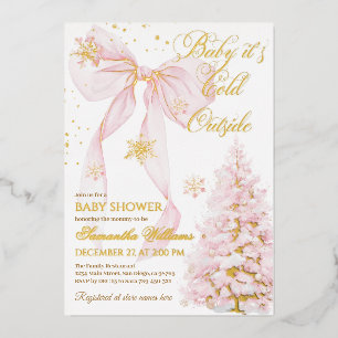 Pink Bow Cold Outside Baby Girl Shower Foil Invitation