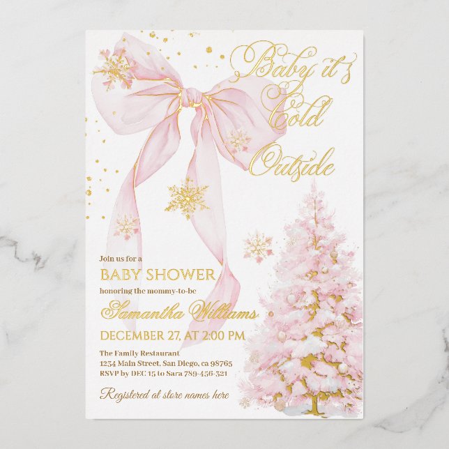 Pink Bow Cold Outside Baby Girl Shower Foil Invitation (Front)