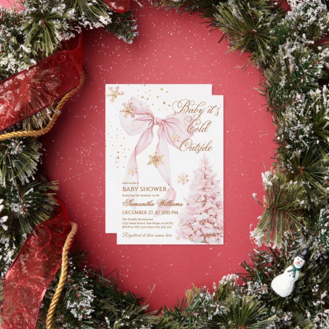 Pink Bow Cold Outside Baby Girl Shower Foil Invitation (Insitu)