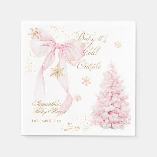 Pink Bow Cold Outside Baby Girl Shower Napkins (Front)