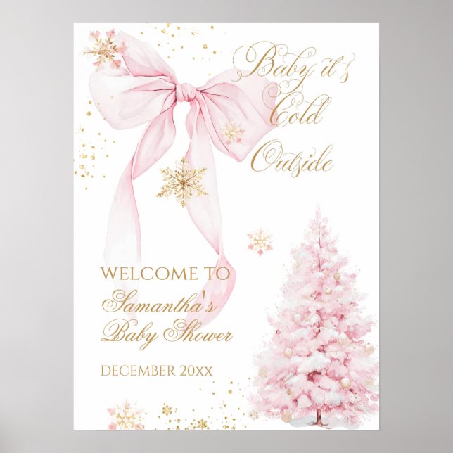 Pink Bow Cold Outside Baby Girl Shower Poster (Front)