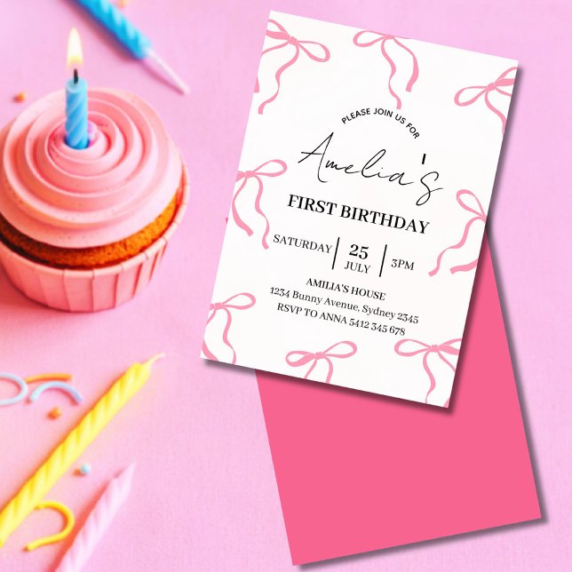 Pink bow Coquette   1st birthday invitation (Pink bow invitation for girls, perfect for first birthday or any age party)
