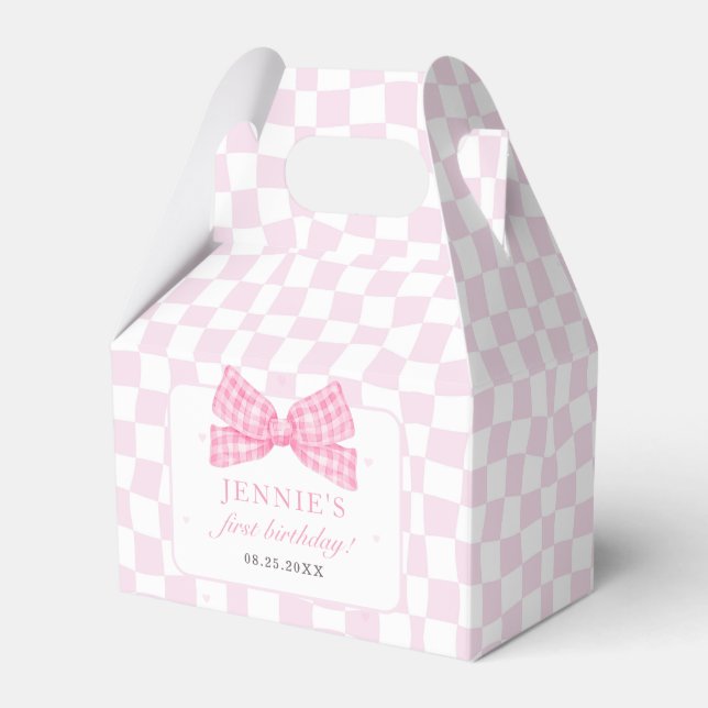 Pink Bow Coquette 1st Birthday Party Favor Boxes (Front Side)