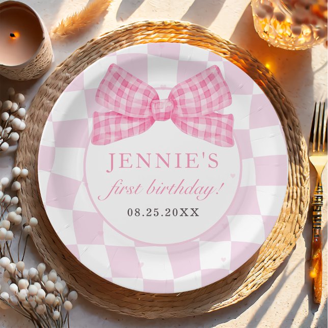 Pink Bow Coquette 1st Birthday Party Paper Plates (Creator Uploaded)