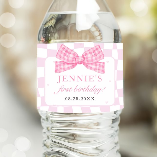 Pink Bow Coquette 1st Birthday Party Water Bottle Label (Creator Uploaded)