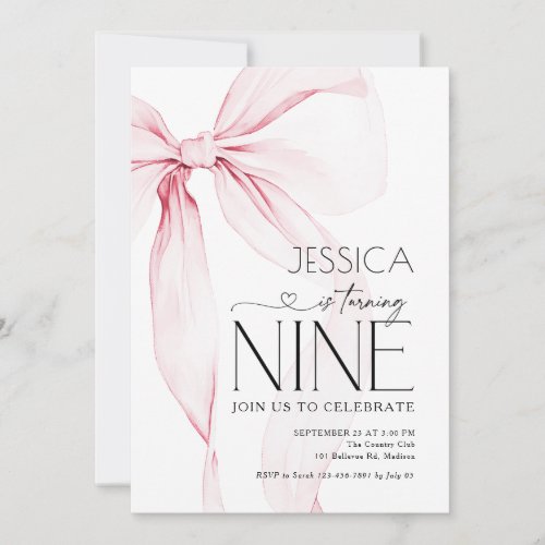Pink Bow Coquette 9th Birthday Invitation