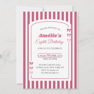 Pink Bow Coquette Aesthetic Girl Eighth Birthday Invitation