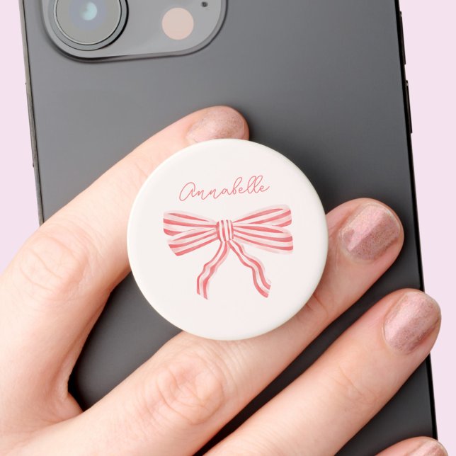 Pink Bow Coquette aesthetic with name PopSocket (Cute girly, coquette aesthetic bow pop socket. Customize with your own name or choice of text. )