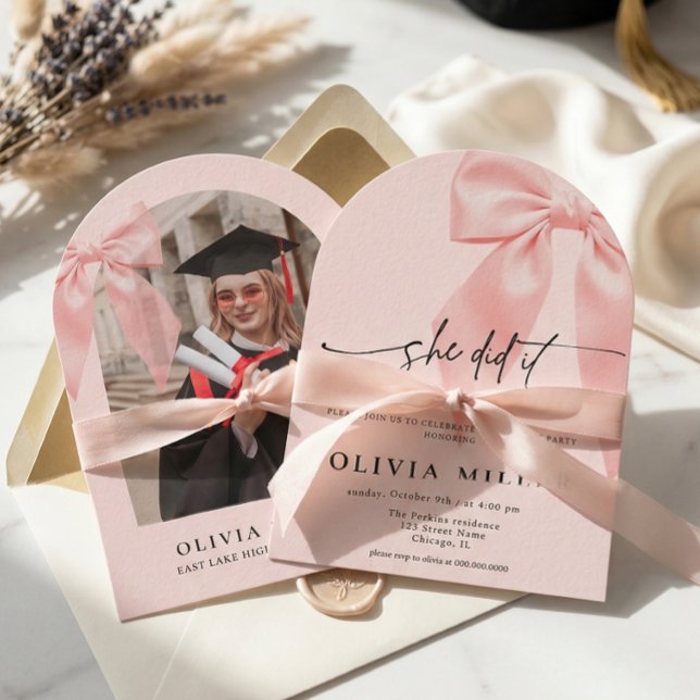Pink Bow Coquette Arched Photo Graduation Party Invitation (Creator Uploaded)
