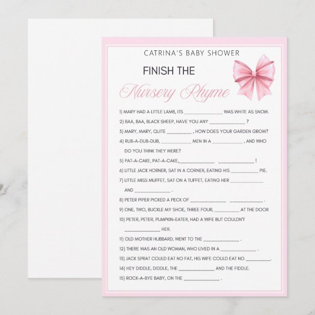 Pink Bow Coquette Baby Shower - Editable Name, 5x7 Invitation (Front/Back)