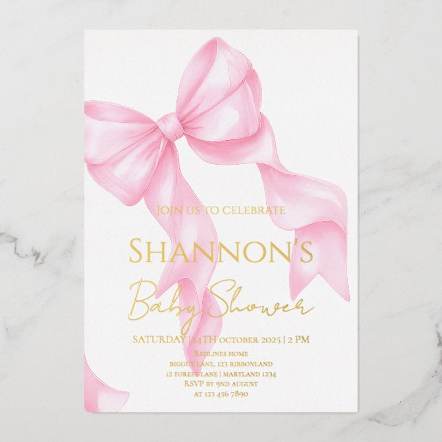Pink Bow Coquette Baby Shower Foil Invitation (Front)