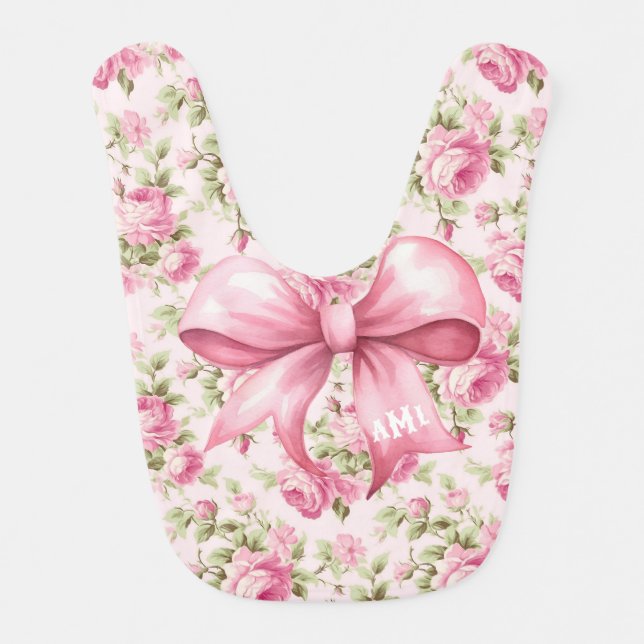 Pink Bow Coquette Baby Shower Monogram Baby Bib (Front)