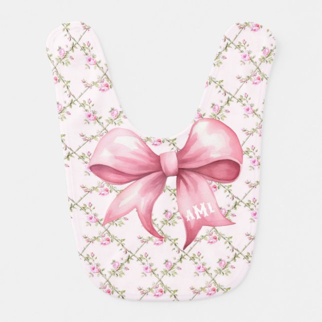 Pink Bow Coquette Baby Shower Monogram Bib (Front)