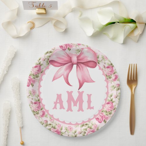 Pink Bow Coquette Baby Shower Monogram Paper Plates