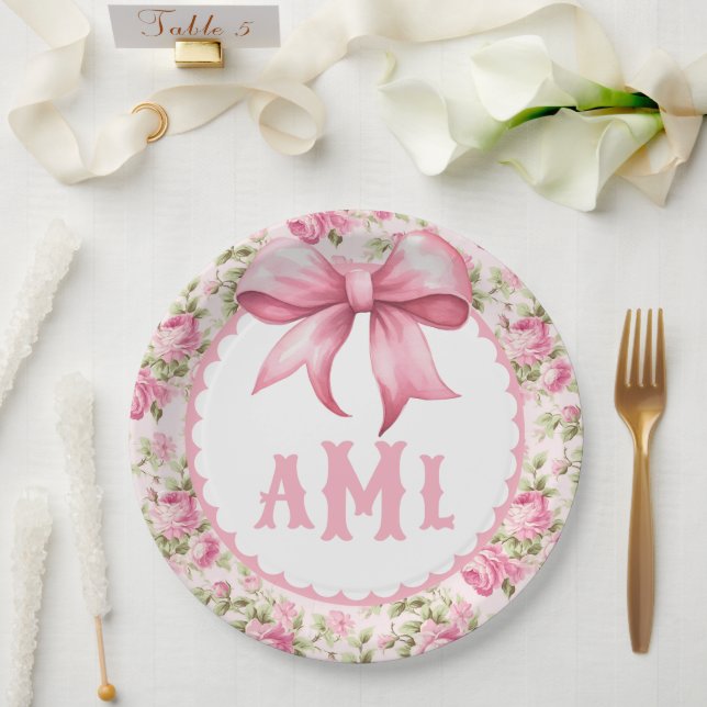 Pink Bow Coquette Baby Shower Monogram Paper Plates (Wedding)