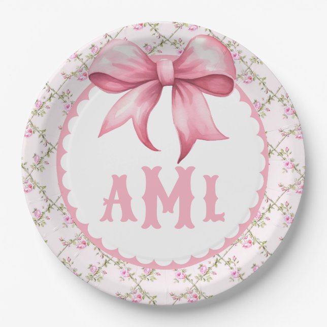 Pink Bow Coquette Baby Shower Paper Plates (Front)
