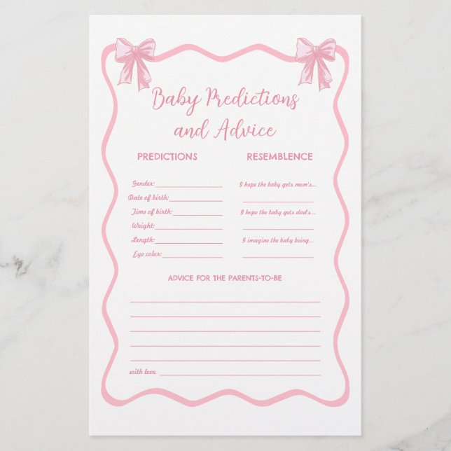 Pink Bow Coquette Baby Shower Predictions Game (Front)