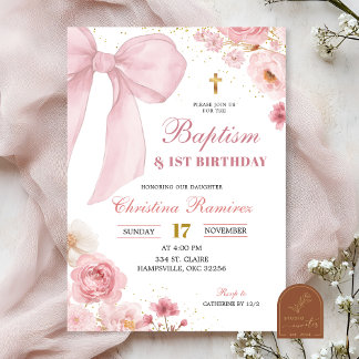 Pink Bow coquette Baptism & First Birthday Invitation