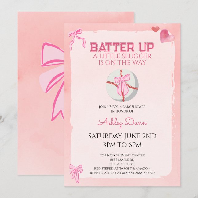 Pink Bow Coquette Baseball Baby Shower Invitation (Front/Back)