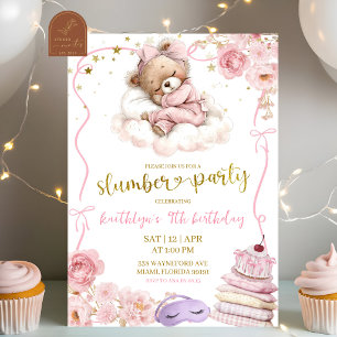  Pink Bow Coquette Bear Slumber Party Birthday Invitation