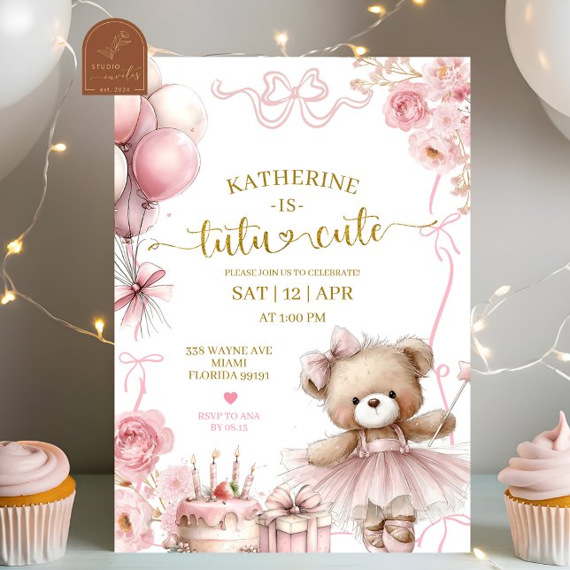 Pink Bow Coquette Bear Tutu Cute Birthday Invitation (Creator Uploaded)