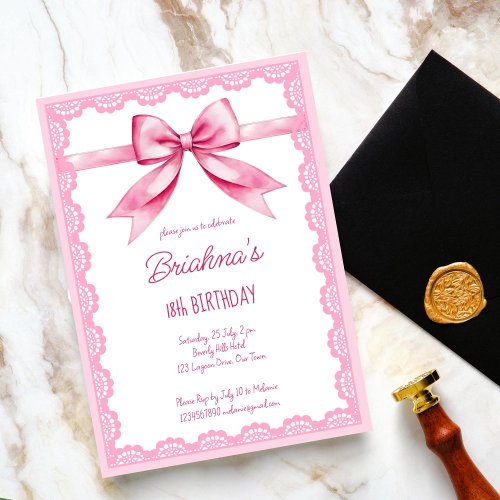 Pink bow coquette birthday party  invitation