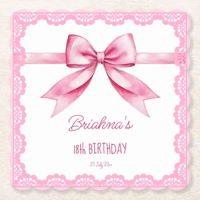 Pink bow coquette birthday party printed paper coaster (Front)