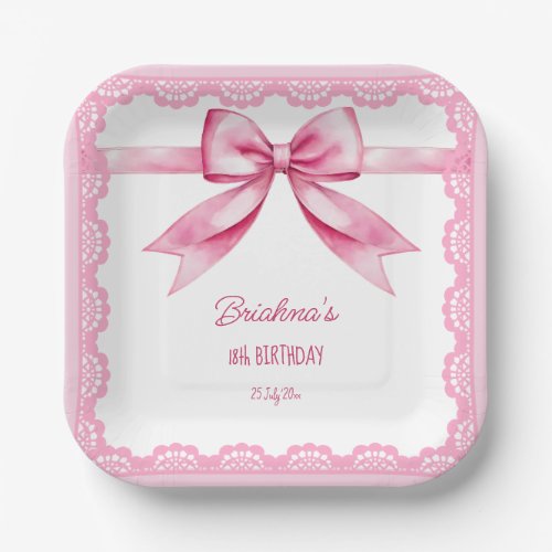 Pink bow coquette birthday party printed paper plates