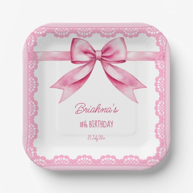 Pink bow coquette birthday party printed paper plates (Front)