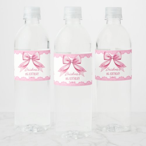 Pink bow coquette birthday party printed water bottle label