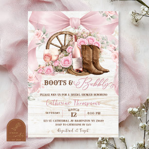 Pink Bow Coquette Boots and Bubbly Bridal Shower Invitation