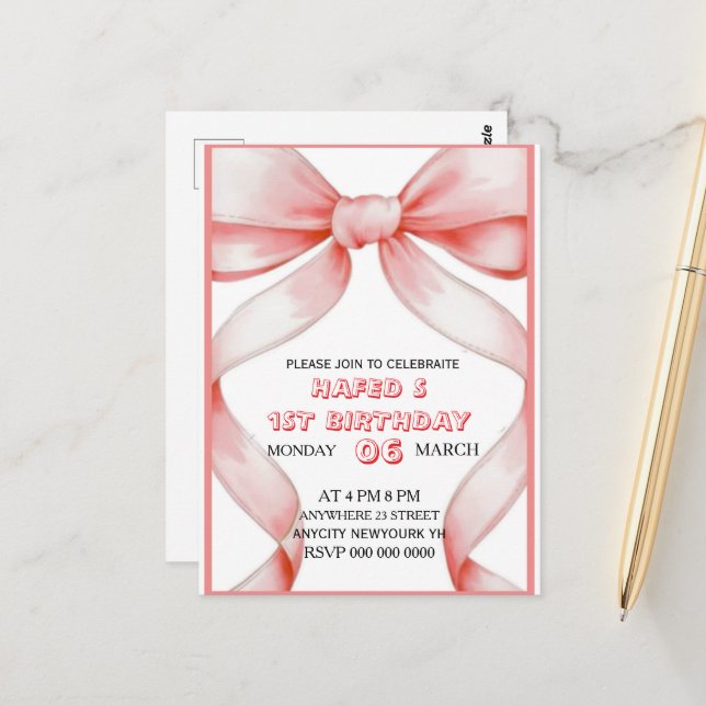 Pink Bow Coquette Bow Birthday Invitation, 13th Bi Postcard (Front/Back In Situ)