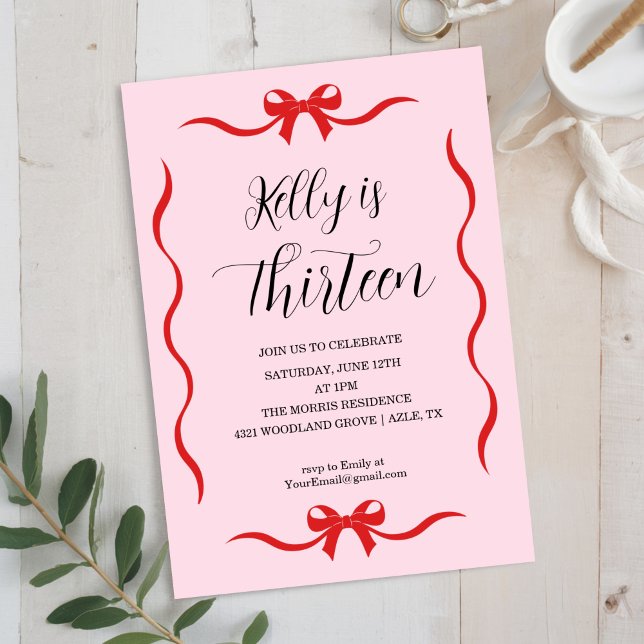 Pink Bow Coquette Bow Birthday Invitation, 13th Invitation (Creator Uploaded)