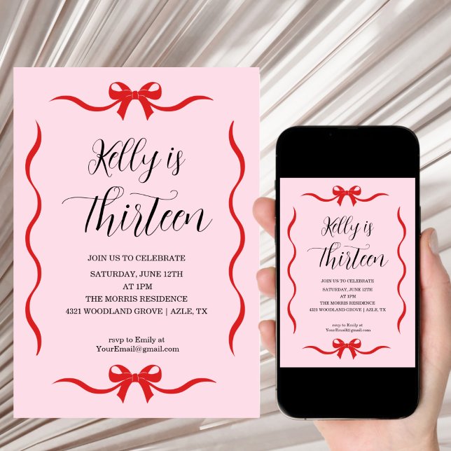 Pink Bow Coquette Bow Birthday Thirteen  Invitation (Creator Uploaded)