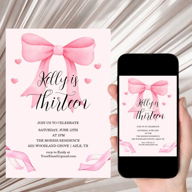 Pink Bow Coquette Bow Birthday Thirteen Invitation (Creator Uploaded)