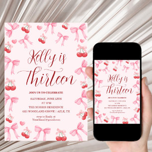 Pink Bow Coquette Bow Cherry Birthday, 13th Invitation