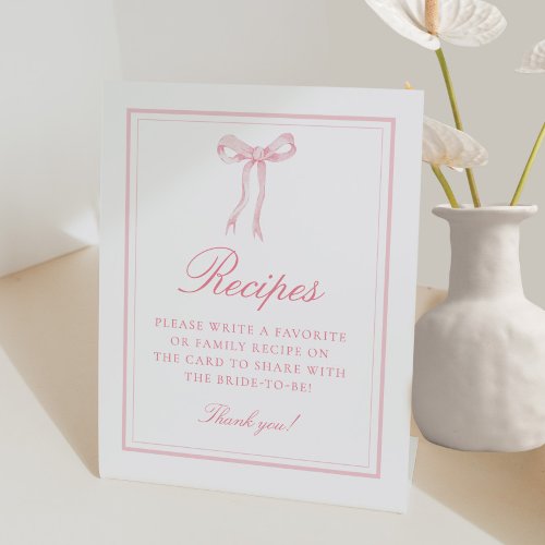 Pink Bow Coquette Bridal Shower Recipe Pedestal Sign