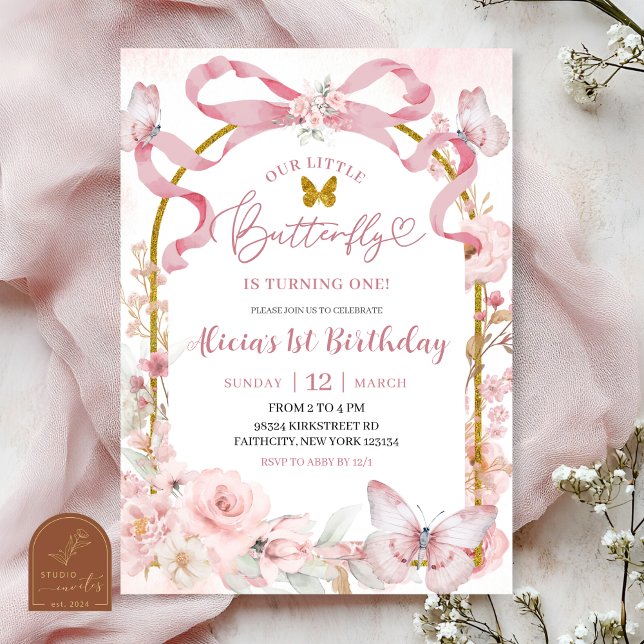 Pink Bow Coquette Butterfly 1st Birthday Invitatio Invitation (Creator Uploaded)