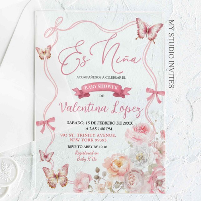 Pink Bow Coquette Butterfly Es Niña Acrylic Invitations (Creator Uploaded)